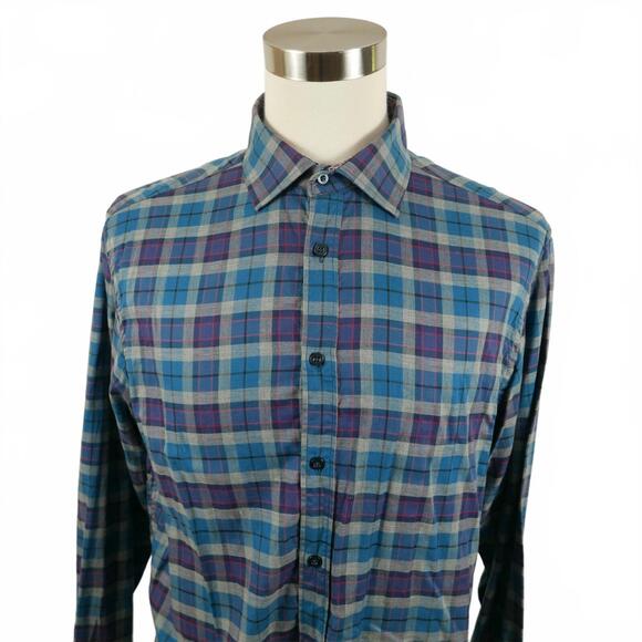 James Tattersall Mens Cotton LS Button Down Teal Navy Blue Plaid Dress Shirt XL - Picture 1 of 11